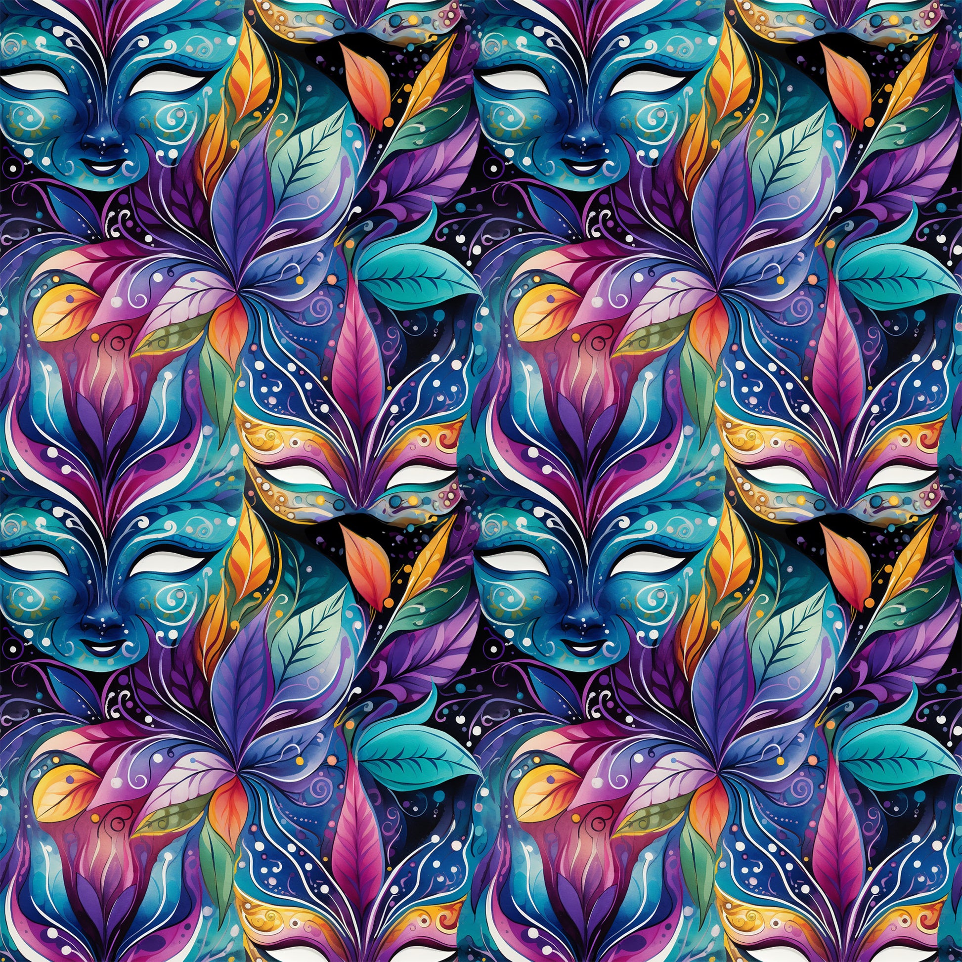 mardi gras masks, vibrant purple, teal blue, magenta pink, orange accents, yellow highlights, decorative feathers, ornate swirls, carnival theme, festive pattern, quilting cotton, fabric panel, intricate details, colorful leaves, masquerade design, repeating motif, rich jewel tones, elaborate decoration, party atmosphere