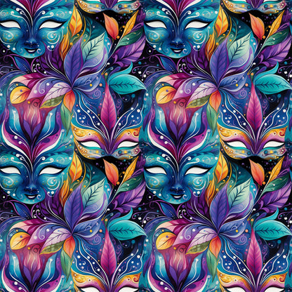 mardi gras masks, vibrant purple, teal blue, magenta pink, orange accents, yellow highlights, decorative feathers, ornate swirls, carnival theme, festive pattern, quilting cotton, fabric panel, intricate details, colorful leaves, masquerade design, repeating motif, rich jewel tones, elaborate decoration, party atmosphere