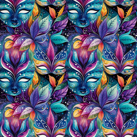 mardi gras masks, vibrant purple, teal blue, magenta pink, orange accents, yellow highlights, decorative feathers, ornate swirls, carnival theme, festive pattern, quilting cotton, fabric panel, intricate details, colorful leaves, masquerade design, repeating motif, rich jewel tones, elaborate decoration, party atmosphere