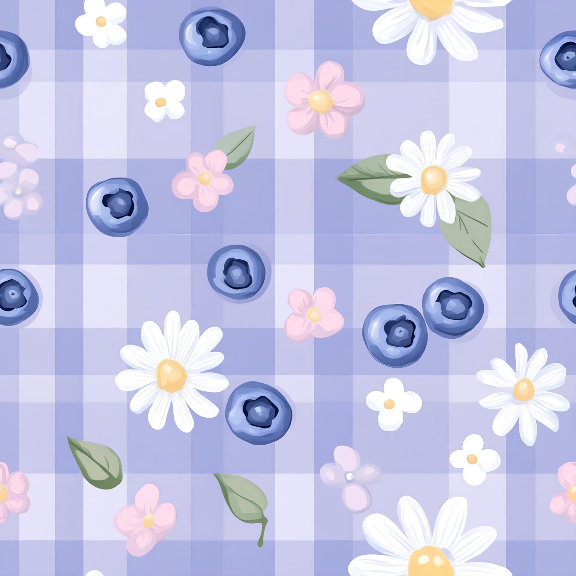 lavender purple, soft pink, white daisies, blueberries, gingham checkered, floral pattern, quilting cotton, fabric panel, pastel colors, spring flowers, berry motifs, cottage core, feminine design, green leaves, delicate blooms, checked background, botanical elements, crafting material, sewing fabric, gentle aesthetic