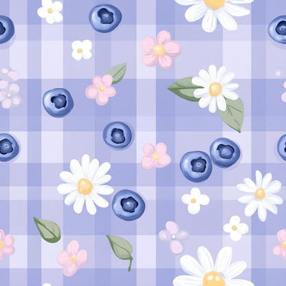 lavender purple, soft pink, white daisies, blueberries, gingham checkered, floral pattern, quilting cotton, fabric panel, pastel colors, spring flowers, berry motifs, cottage core, feminine design, green leaves, delicate blooms, checked background, botanical elements, crafting material, sewing fabric, gentle aesthetic