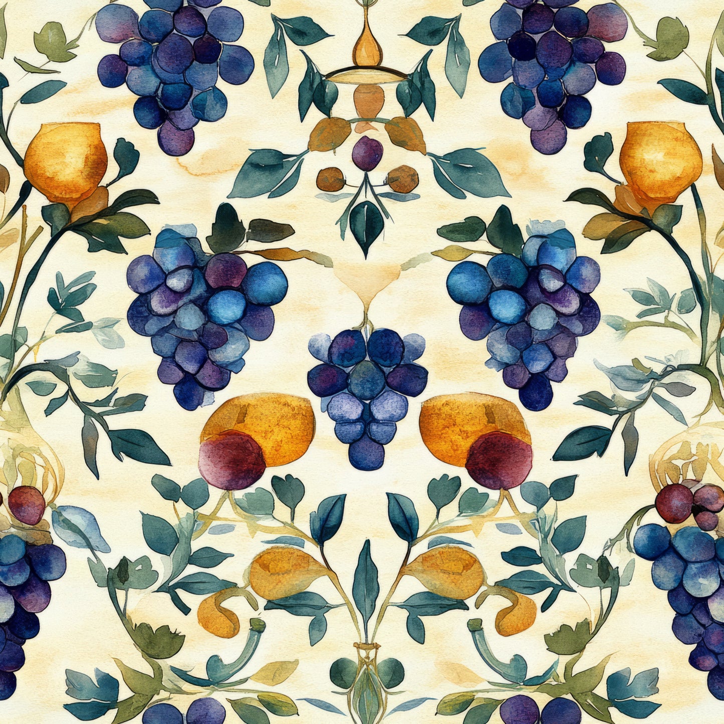 purple grapes, golden oranges, watercolor style, botanical pattern, vineyard theme, fruit motifs, teal leaves, wine grapes, harvest scene, quilting cotton, fabric panel, symmetrical design, vintage illustration, deep blues, warm oranges, burgundy accents, decorative vines, mediterranean style, artistic florals, nature inspired