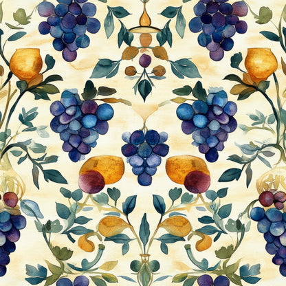 purple grapes, golden oranges, watercolor style, botanical pattern, vineyard theme, fruit motifs, teal leaves, wine grapes, harvest scene, quilting cotton, fabric panel, symmetrical design, vintage illustration, deep blues, warm oranges, burgundy accents, decorative vines, mediterranean style, artistic florals, nature inspired