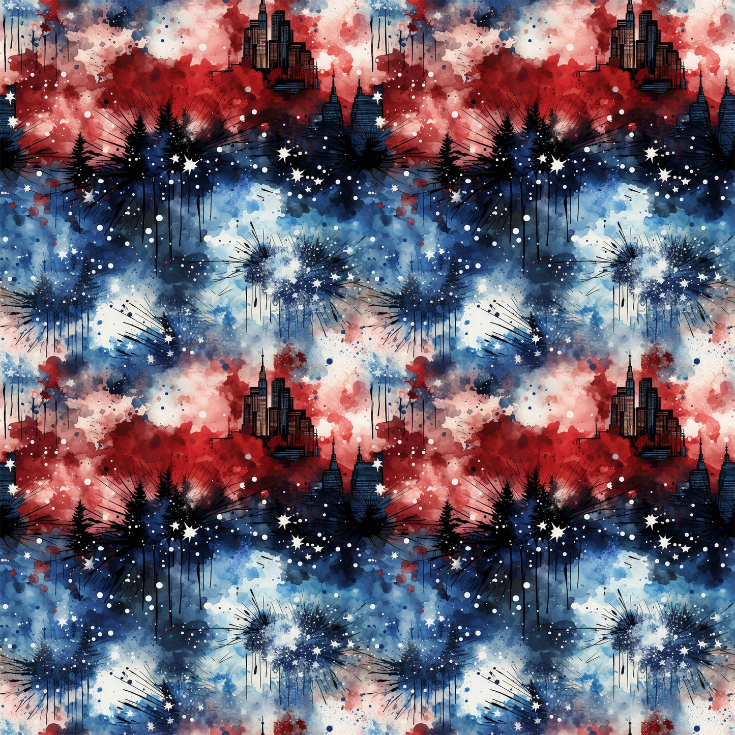 red, white, blue, patriotic, grunge, watercolor, splatter, paint drips, cityscape, skyscrapers, fireworks, stars, evergreen trees, silhouettes, distressed, abstract, cotton fabric, quilting panel, fourth of july, americana