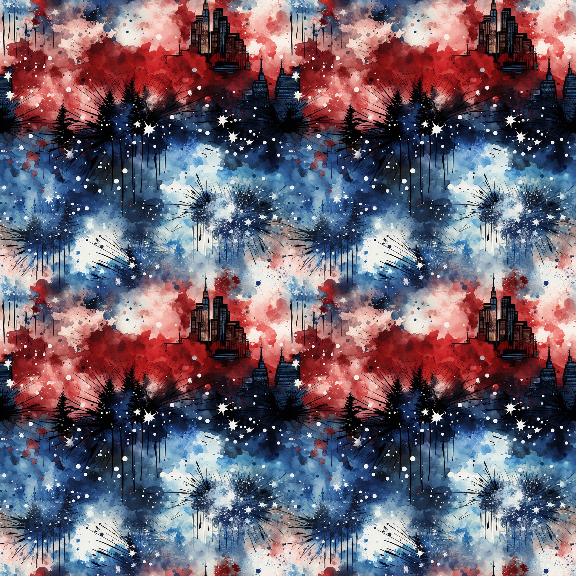 red, white, blue, patriotic, grunge, watercolor, splatter, paint drips, cityscape, skyscrapers, fireworks, stars, evergreen trees, silhouettes, distressed, abstract, cotton fabric, quilting panel, fourth of july, americana