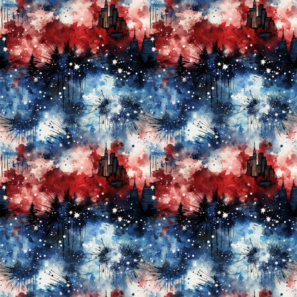 red, white, blue, patriotic, grunge, watercolor, splatter, paint drips, cityscape, skyscrapers, fireworks, stars, evergreen trees, silhouettes, distressed, abstract, cotton fabric, quilting panel, fourth of july, americana