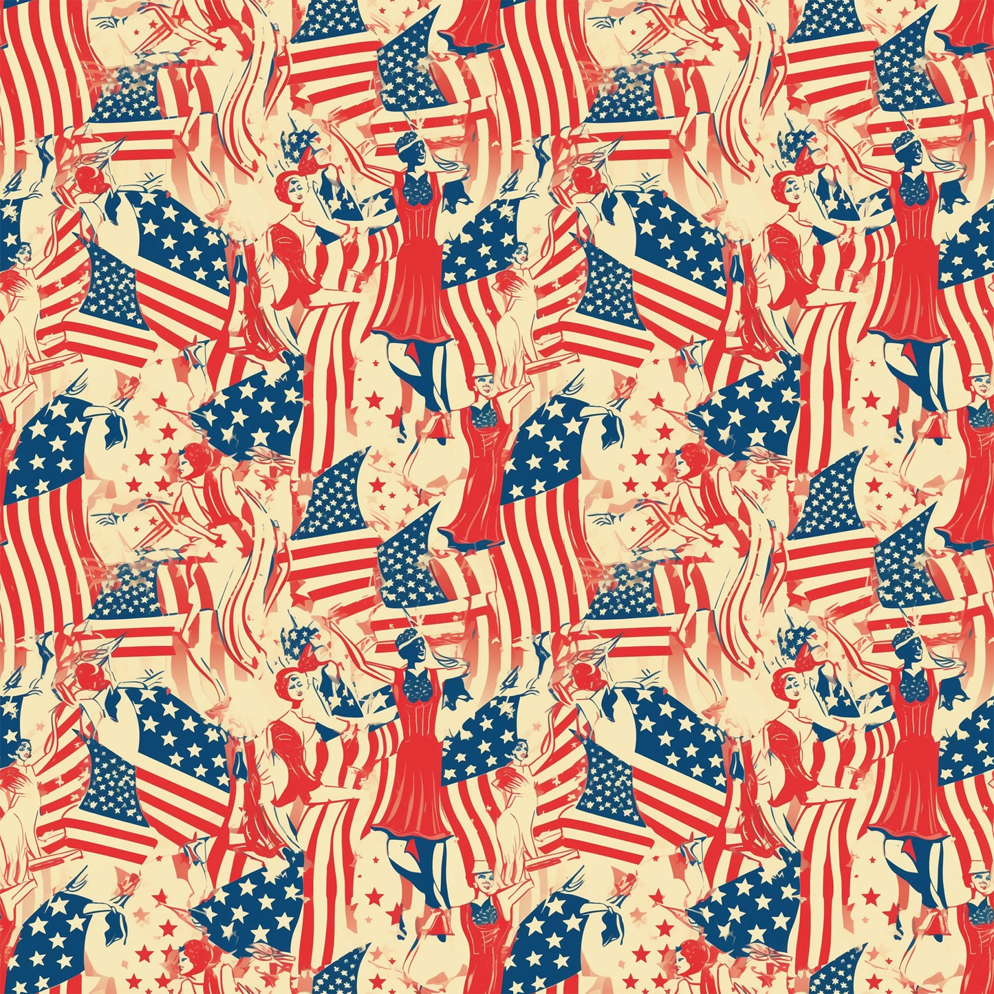 red, white, blue, cream, beige, americana, patriotic, american flags, stars and stripes, vintage style, retro illustrations, people figures, dancing figures, celebratory scenes, repeating pattern, quilting cotton, fabric panel, fourth of july, independence day, nostalgic artwork
