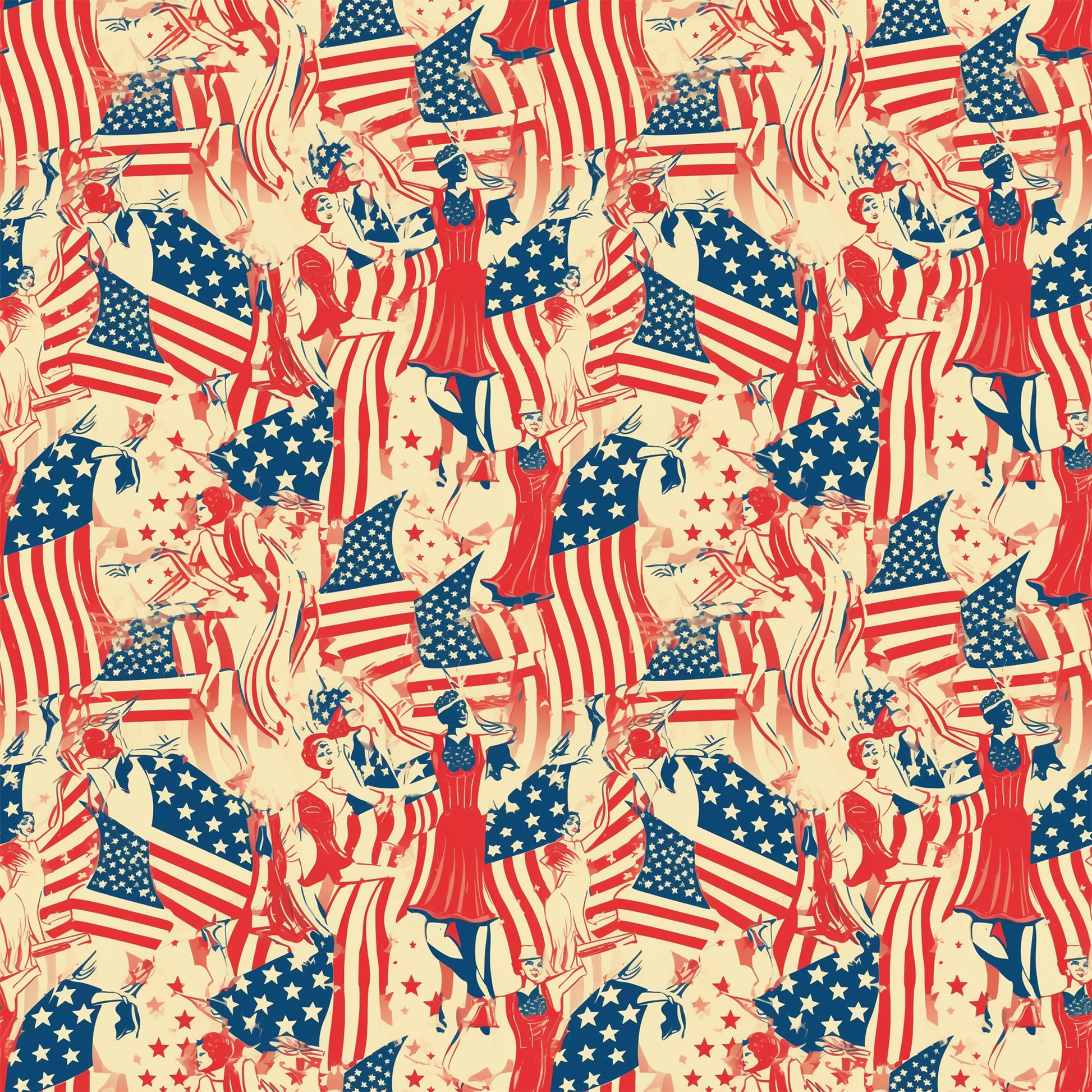 red, white, blue, cream, beige, americana, patriotic, american flags, stars and stripes, vintage style, retro illustrations, people figures, dancing figures, celebratory scenes, repeating pattern, quilting cotton, fabric panel, fourth of july, independence day, nostalgic artwork