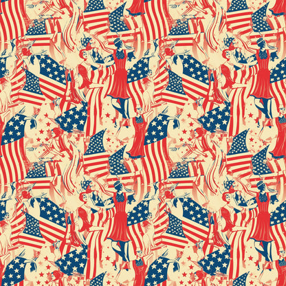 red, white, blue, cream, beige, americana, patriotic, american flags, stars and stripes, vintage style, retro illustrations, people figures, dancing figures, celebratory scenes, repeating pattern, quilting cotton, fabric panel, fourth of july, independence day, nostalgic artwork