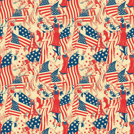 red, white, blue, cream, beige, americana, patriotic, american flags, stars and stripes, vintage style, retro illustrations, people figures, dancing figures, celebratory scenes, repeating pattern, quilting cotton, fabric panel, fourth of july, independence day, nostalgic artwork