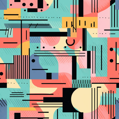 coral pink, turquoise, yellow, black, geometric shapes, abstract pattern, retro style, mod design, groovy aesthetic, boho style, hippie vibe, quilting cotton, fabric panel, contemporary art, color blocking, striped elements, dotted accents, curved lines, angular shapes, vibrant colors