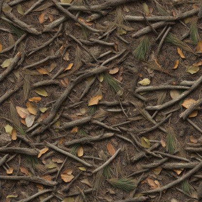 brown, tan, beige, olive green, camouflage pattern, hunting camo, forest floor, fallen branches, pine needles, autumn leaves, twigs, natural debris, woodland camouflage, realistic texture, outdoor theme, quilting cotton, fabric panel, earth tones, hunting theme, nature pattern