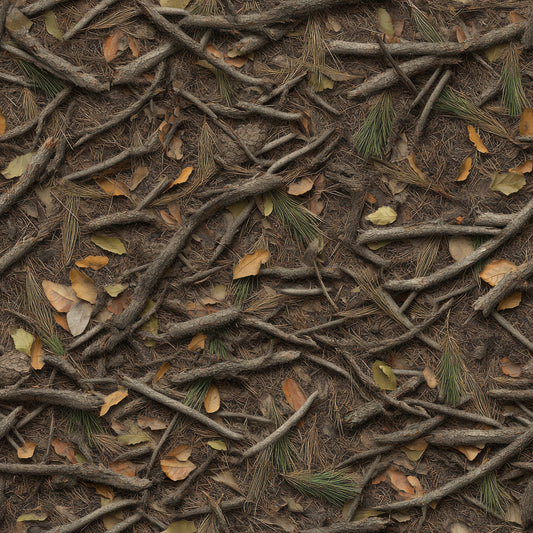 brown, tan, beige, olive green, camouflage pattern, hunting camo, forest floor, fallen branches, pine needles, autumn leaves, twigs, natural debris, woodland camouflage, realistic texture, outdoor theme, quilting cotton, fabric panel, earth tones, hunting theme, nature pattern