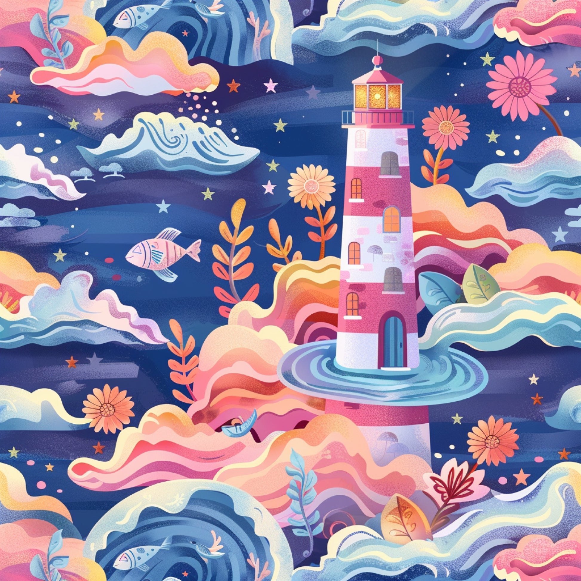 lighthouse, ocean waves, fish, flowers, stars, navy blue, coral pink, yellow, pastel colors, whimsical illustration, maritime scene, sea life, floral elements, quilting cotton, fabric panel, dreamy artwork, springtime theme, coastal design, layered waves, botanical motifs
