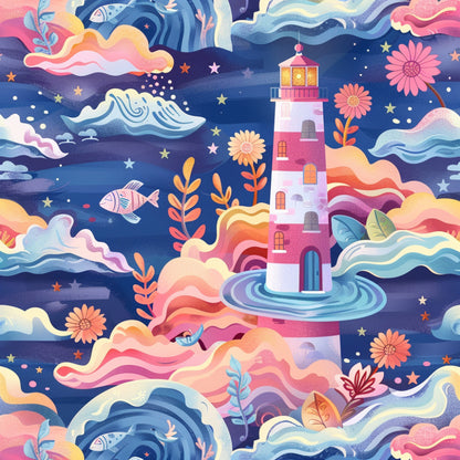 lighthouse, ocean waves, fish, flowers, stars, navy blue, coral pink, yellow, pastel colors, whimsical illustration, maritime scene, sea life, floral elements, quilting cotton, fabric panel, dreamy artwork, springtime theme, coastal design, layered waves, botanical motifs