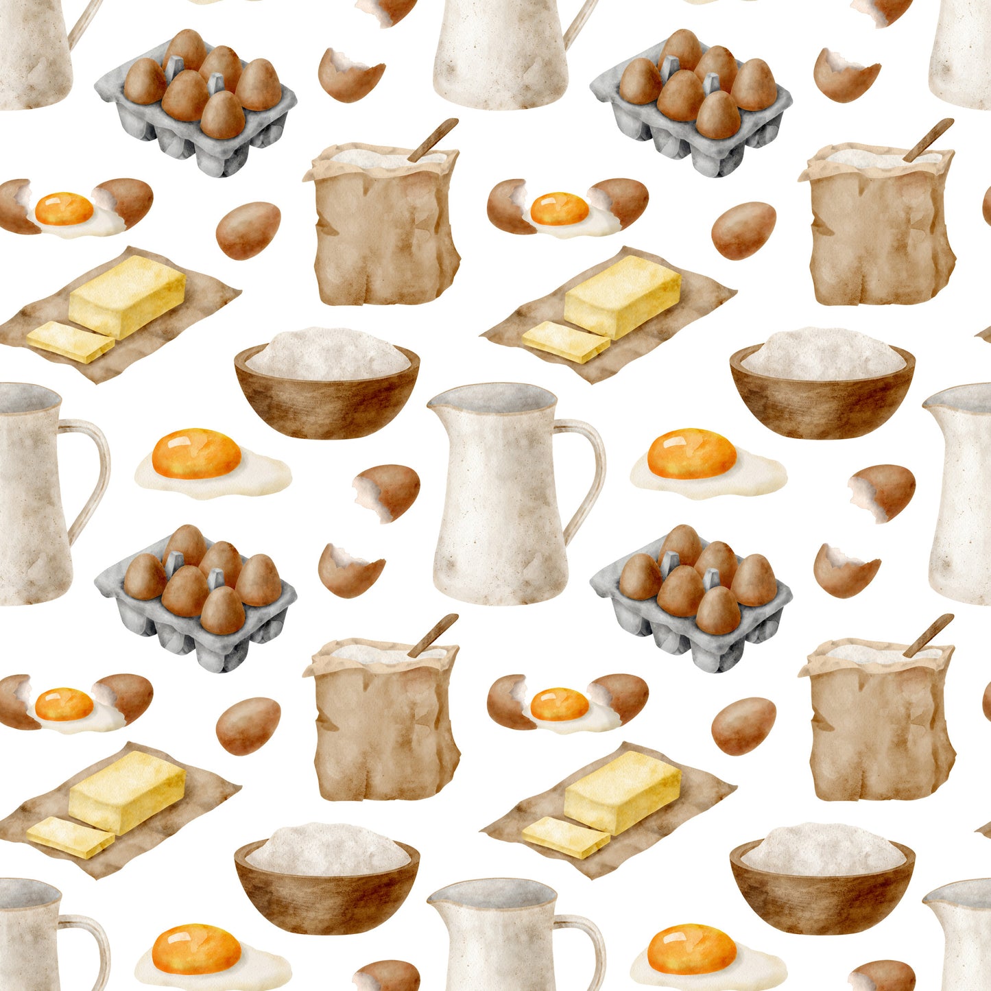 watercolor baking, kitchen ingredients, brown eggs, butter sticks, flour bowls, milk pitchers, fried eggs, egg cartons, baking supplies, cream colors, beige tones, brown hues, orange accents, cooking pattern, culinary design, quilting cotton, fabric panel, food illustration, kitchen theme, baking motifs