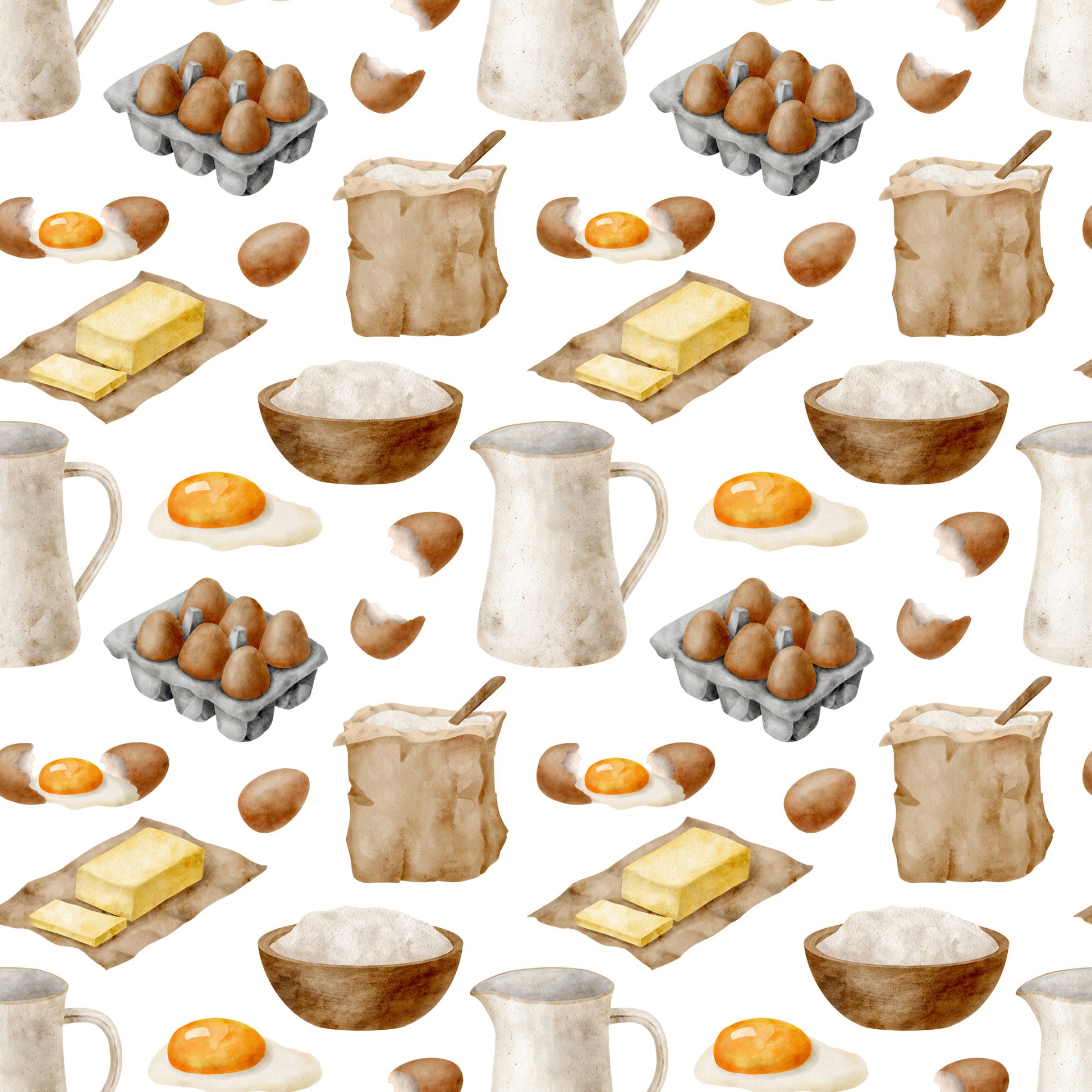 watercolor baking, kitchen ingredients, brown eggs, butter sticks, flour bowls, milk pitchers, fried eggs, egg cartons, baking supplies, cream colors, beige tones, brown hues, orange accents, cooking pattern, culinary design, quilting cotton, fabric panel, food illustration, kitchen theme, baking motifs