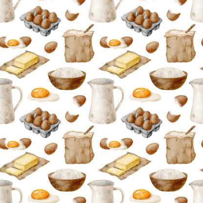 watercolor baking, kitchen ingredients, brown eggs, butter sticks, flour bowls, milk pitchers, fried eggs, egg cartons, baking supplies, cream colors, beige tones, brown hues, orange accents, cooking pattern, culinary design, quilting cotton, fabric panel, food illustration, kitchen theme, baking motifs