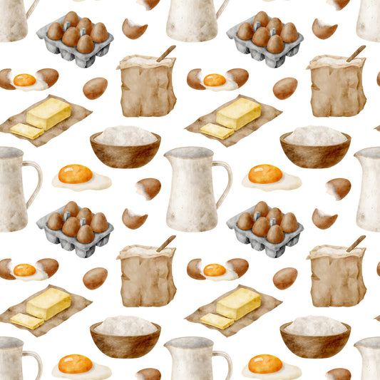 watercolor baking, kitchen ingredients, brown eggs, butter sticks, flour bowls, milk pitchers, fried eggs, egg cartons, baking supplies, cream colors, beige tones, brown hues, orange accents, cooking pattern, culinary design, quilting cotton, fabric panel, food illustration, kitchen theme, baking motifs