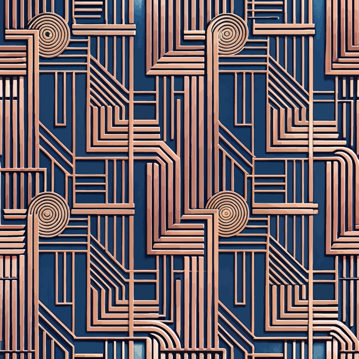 copper, rose gold, navy blue, deep blue, art deco, geometric pattern, linear design, concentric circles, angular lines, quilting cotton, fabric panel, metallic finish, repeating motif, architectural elements, vintage style, luxurious, sophisticated, dimensional lines, maze-like pattern, modernist design