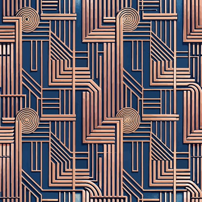 copper, rose gold, navy blue, deep blue, art deco, geometric pattern, linear design, concentric circles, angular lines, quilting cotton, fabric panel, metallic finish, repeating motif, architectural elements, vintage style, luxurious, sophisticated, dimensional lines, maze-like pattern, modernist design