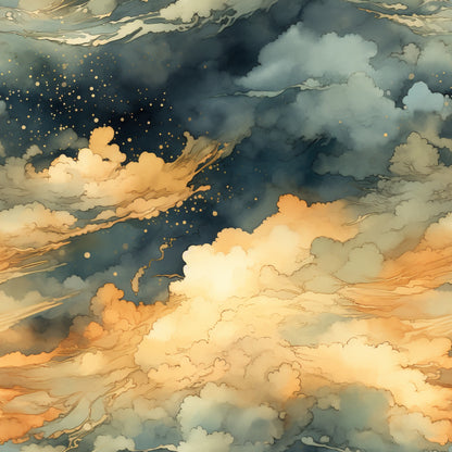 sunset colors, golden yellow, deep teal, sage green, cream, storm clouds, dramatic sky, celestial scene, golden dots, starry elements, moody atmosphere, twilight hues, cloud formations, ethereal design, quilting cotton, fabric panel, nature inspired, atmospheric art, dreamy sky, watercolor style