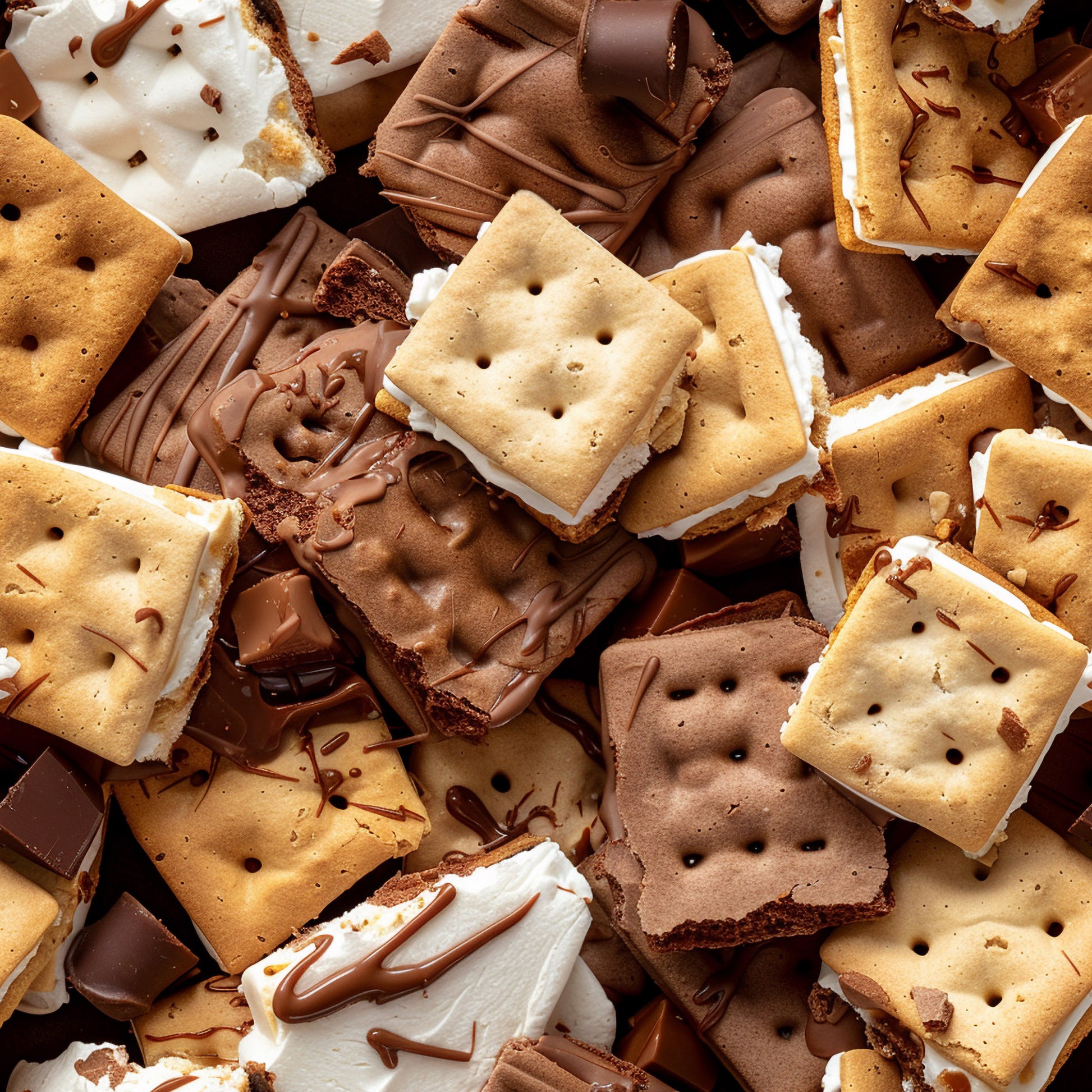 s'mores, graham crackers, marshmallows, chocolate drizzle, golden brown, white frosting, chocolate brown, tan, beige, sweet treats, dessert pattern, food illustration, indulgent snacks, campfire treats, quilting cotton, fabric panel, realistic food art, confectionery design, bakery sweets, gourmet desserts