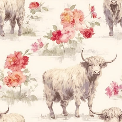 highland cows, floral pattern, pink flowers, coral blooms, watercolor style, farm animals, quilting cotton, fabric panel, pastoral scene, soft pastels, cream background, botanical elements, country theme, repeating pattern, vintage style, roses, peonies, rustic charm, farmhouse aesthetic, textile design