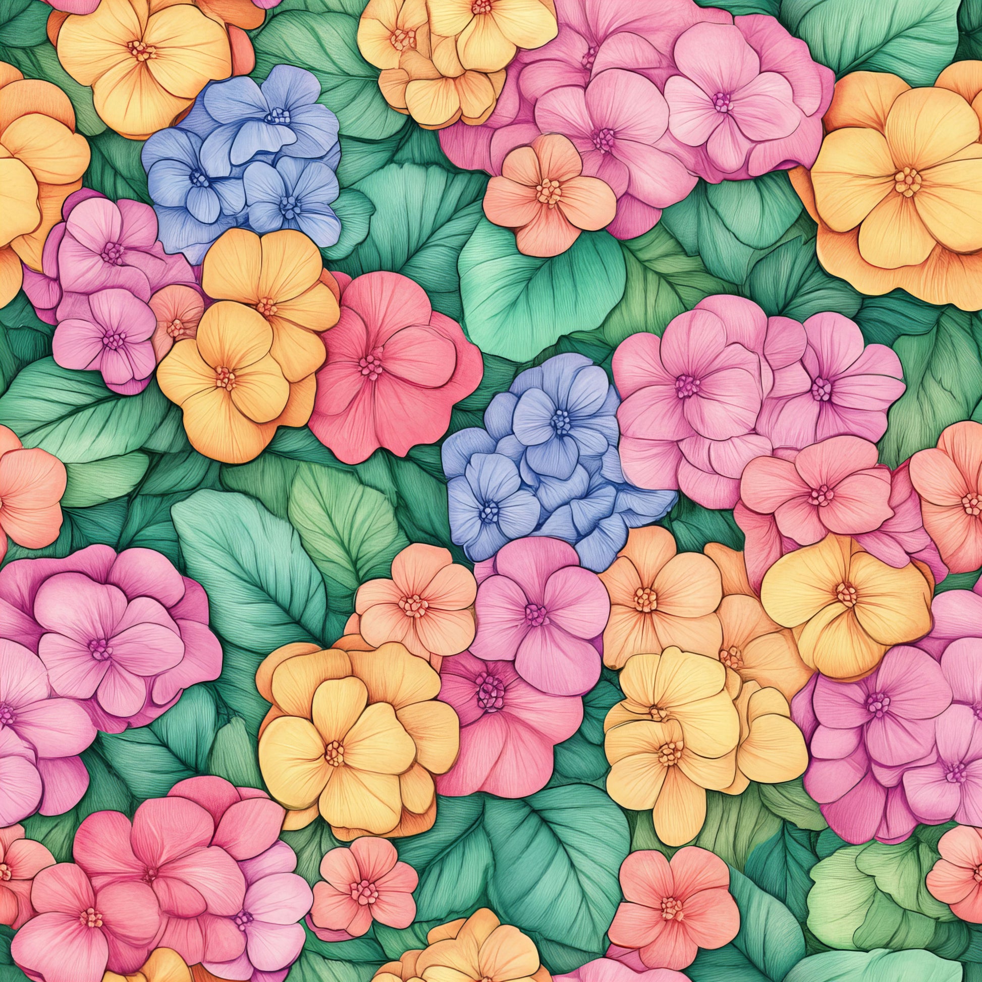 colorful hydrangeas, floral pattern, pink flowers, blue flowers, yellow flowers, orange flowers, green leaves, botanical design, tropical blooms, vibrant colors, quilting cotton, fabric panel, seamless repeat, summer flowers, garden motif, bright florals, clustered blooms, nature pattern, cheerful mood, crafting fabric