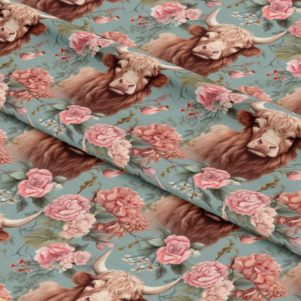 - Vintage Highland Cows Pattern 1 Quilting Cotton Fabric  
- Beige, brown, cream, pink, green, blue  
- Floral, animal, countryside, rustic, pastoral  
- Cotton, quilting, yardage, textile, fabric