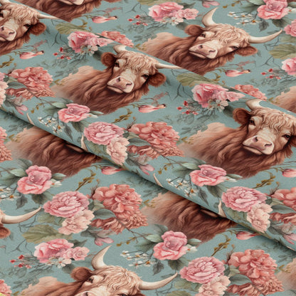 - Vintage Highland Cows Pattern 1 Quilting Cotton Fabric  
- Beige, brown, cream, pink, green, blue  
- Floral, animal, countryside, rustic, pastoral  
- Cotton, quilting, yardage, textile, fabric