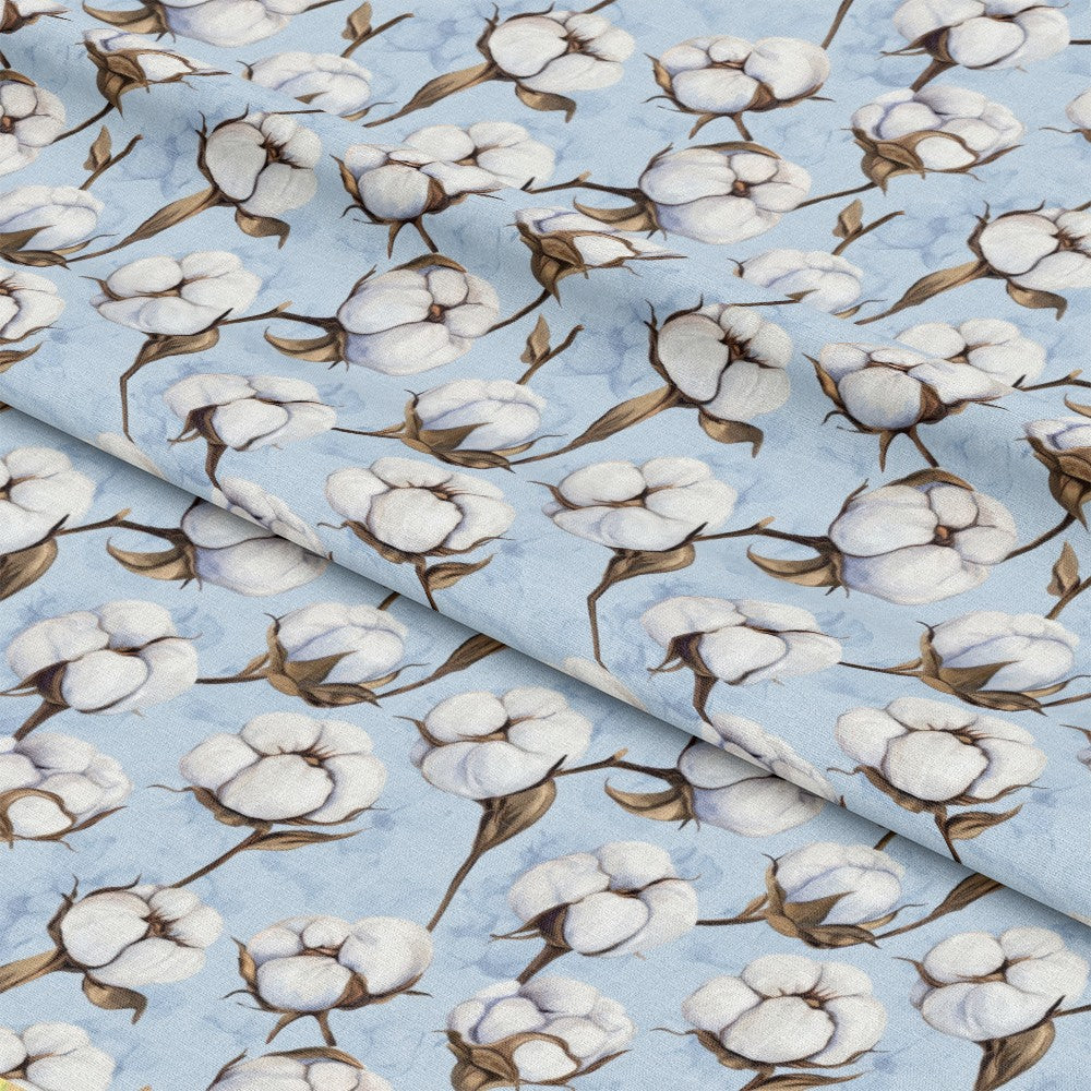 - Raw White Cotton Pattern 6 Quilting Cotton Fabric  
- White cotton bolls  
- Light blue background  
- Brown stems  
- Natural textile  
- Soft fabric  
- Quilting material  
- Cotton fibers  
- Floral design  
- Botanical print  
- Fabric yardage