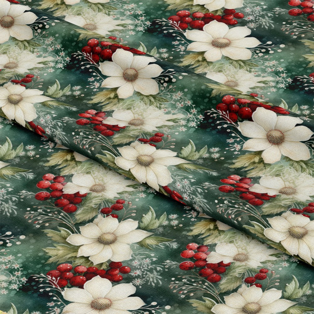 - Christmas Florals Pattern 15 Quilting Cotton Fabric  
- floral fabric  
- Christmas fabric  
- holiday fabric  
- white flowers  
- red berries  
- green background  
- cotton fabric  
- quilting fabric  
- festive fabric  
- seasonal fabric  
- nature-inspired fabric