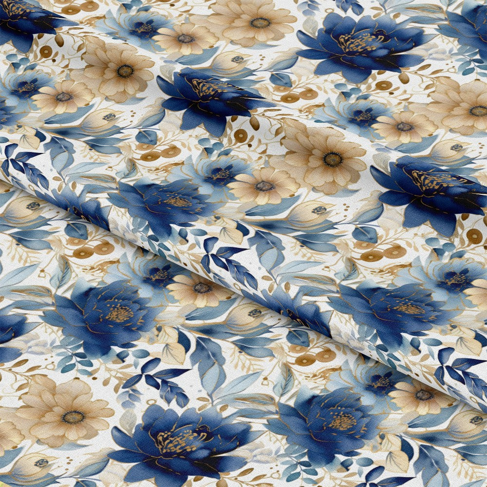 Blue and Gold Floral Pattern 5 Quilting Cotton Fabric
