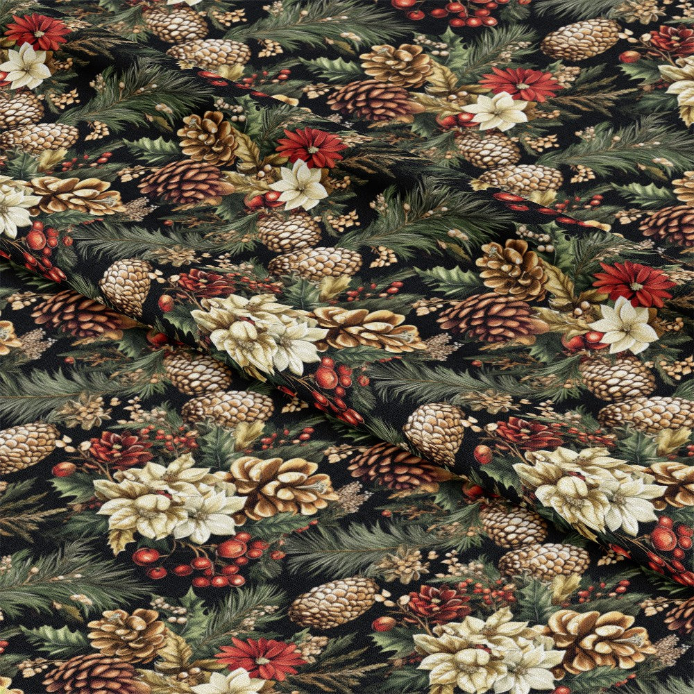 - Christmas Pinecones Pattern 9 Quilting Cotton Fabric  
- pinecones, berries, poinsettias, holly leaves, evergreen branches  
- brown, green, red, cream, white, beige  
- natural, festive, seasonal, holiday, quilting, cotton, fabric, textured, decorative