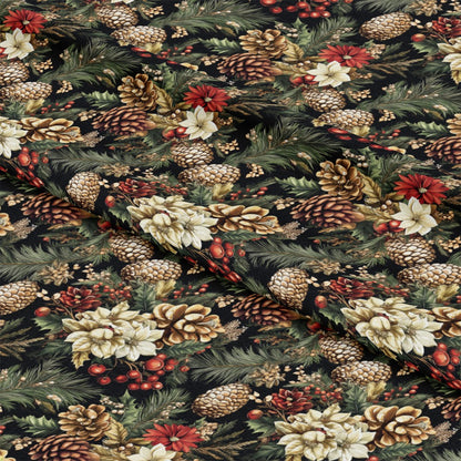 - Christmas Pinecones Pattern 9 Quilting Cotton Fabric  
- pinecones, berries, poinsettias, holly leaves, evergreen branches  
- brown, green, red, cream, white, beige  
- natural, festive, seasonal, holiday, quilting, cotton, fabric, textured, decorative