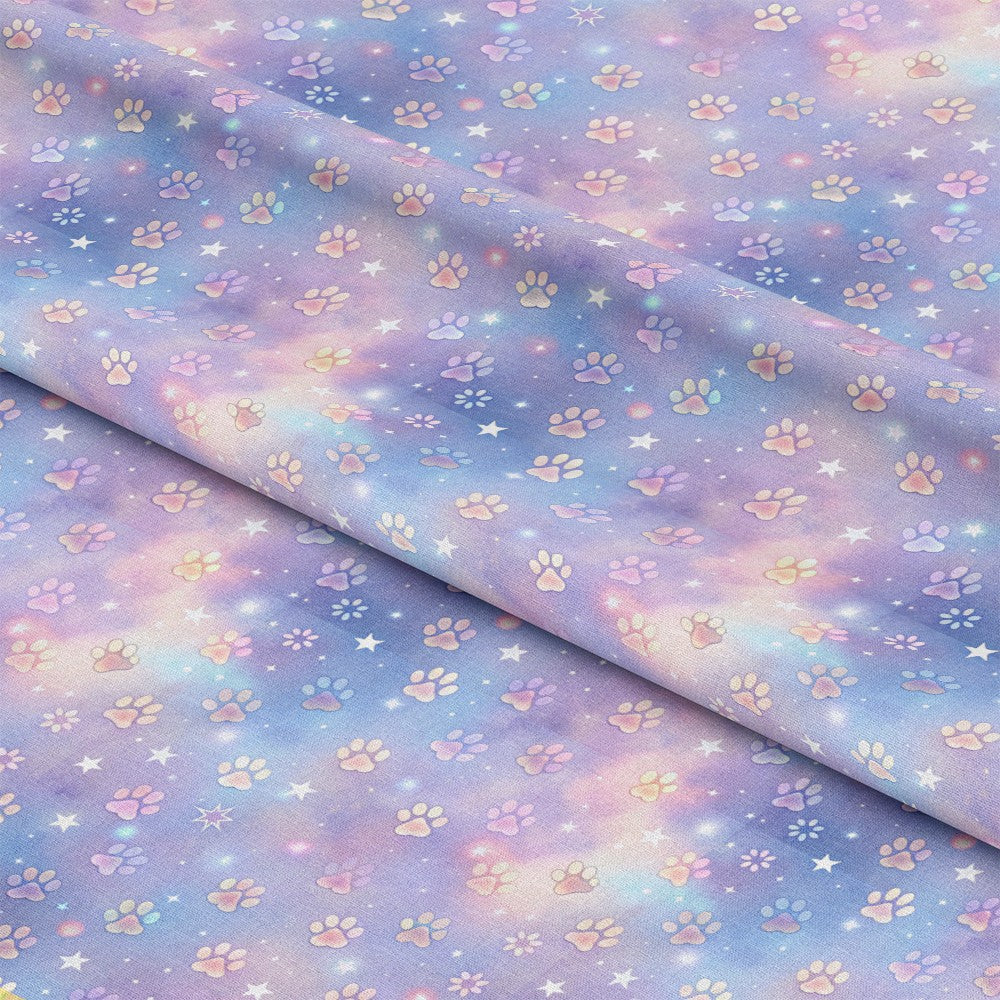 - Dog Paws Pattern 11 Quilting Cotton Fabric  
- pastel colors  
- lavender blue pink  
- soft cotton textile  
- paw prints design  
- stars and dots accents  
- animal theme  
- quilting fabric  
- sewing material  
- craft fabric  
- lightweight cotton  
- multicolor paw motifs  
- cozy textile