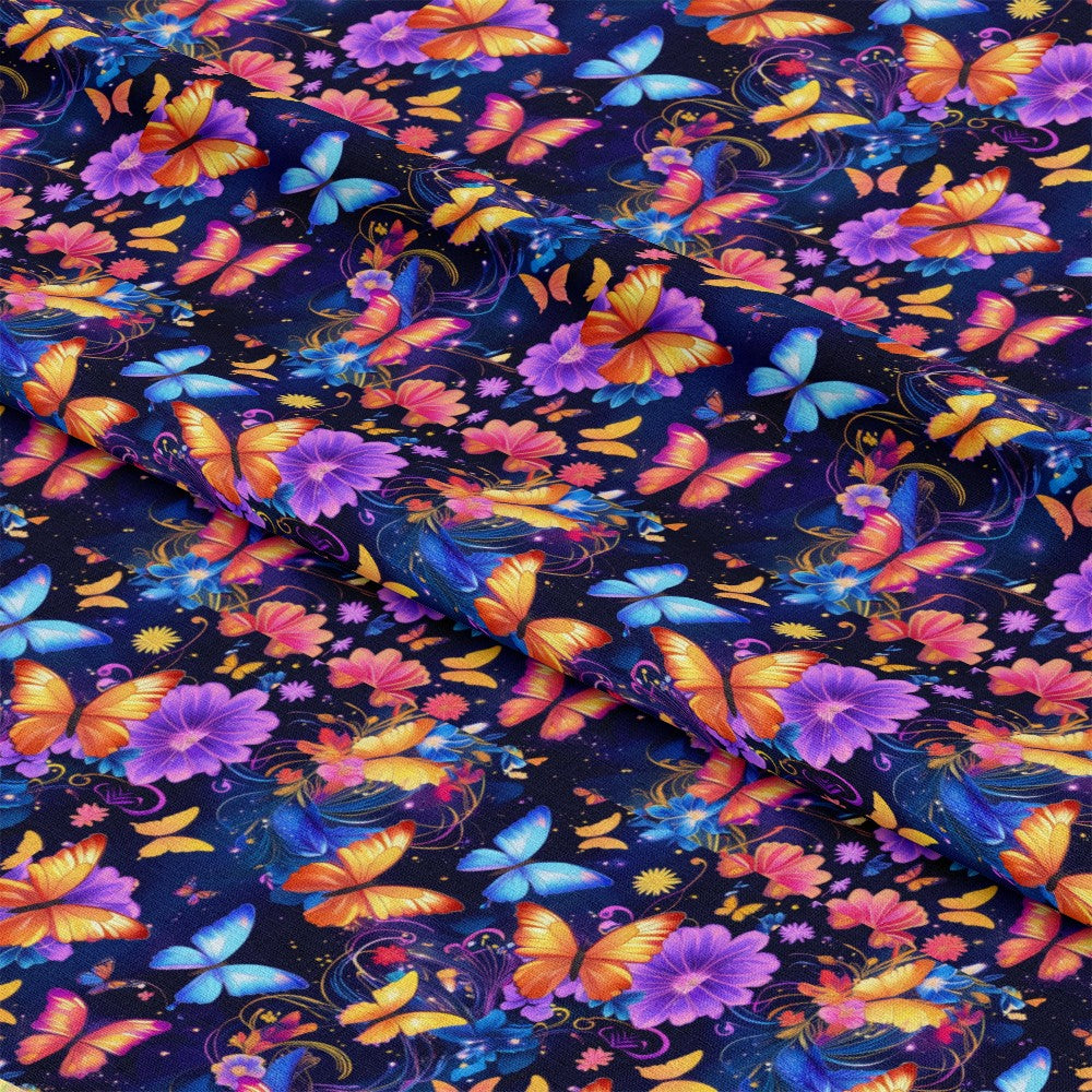 - Fantasy Butterflies Pattern 14 Quilting Cotton Fabric  
- multicolor butterflies  
- purple flowers  
- navy blue background  
- floral motifs  
- vivid orange, yellow, blue  
- cotton textile  
- quilting fabric  
- decorative design  
- nature-inspired  
- soft fabric texture