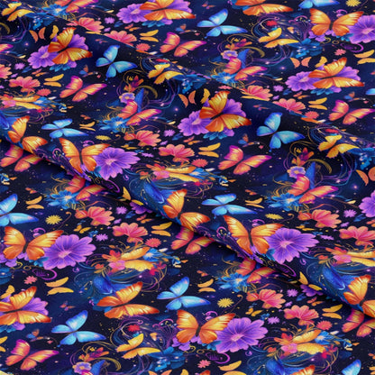 - Fantasy Butterflies Pattern 14 Quilting Cotton Fabric  
- multicolor butterflies  
- purple flowers  
- navy blue background  
- floral motifs  
- vivid orange, yellow, blue  
- cotton textile  
- quilting fabric  
- decorative design  
- nature-inspired  
- soft fabric texture