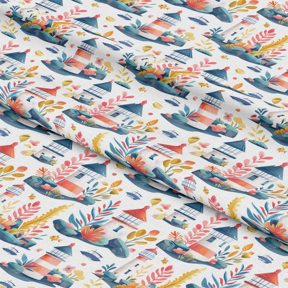 Springtime Lighthouse Scene Pattern 8 Quilting Cotton Fabric