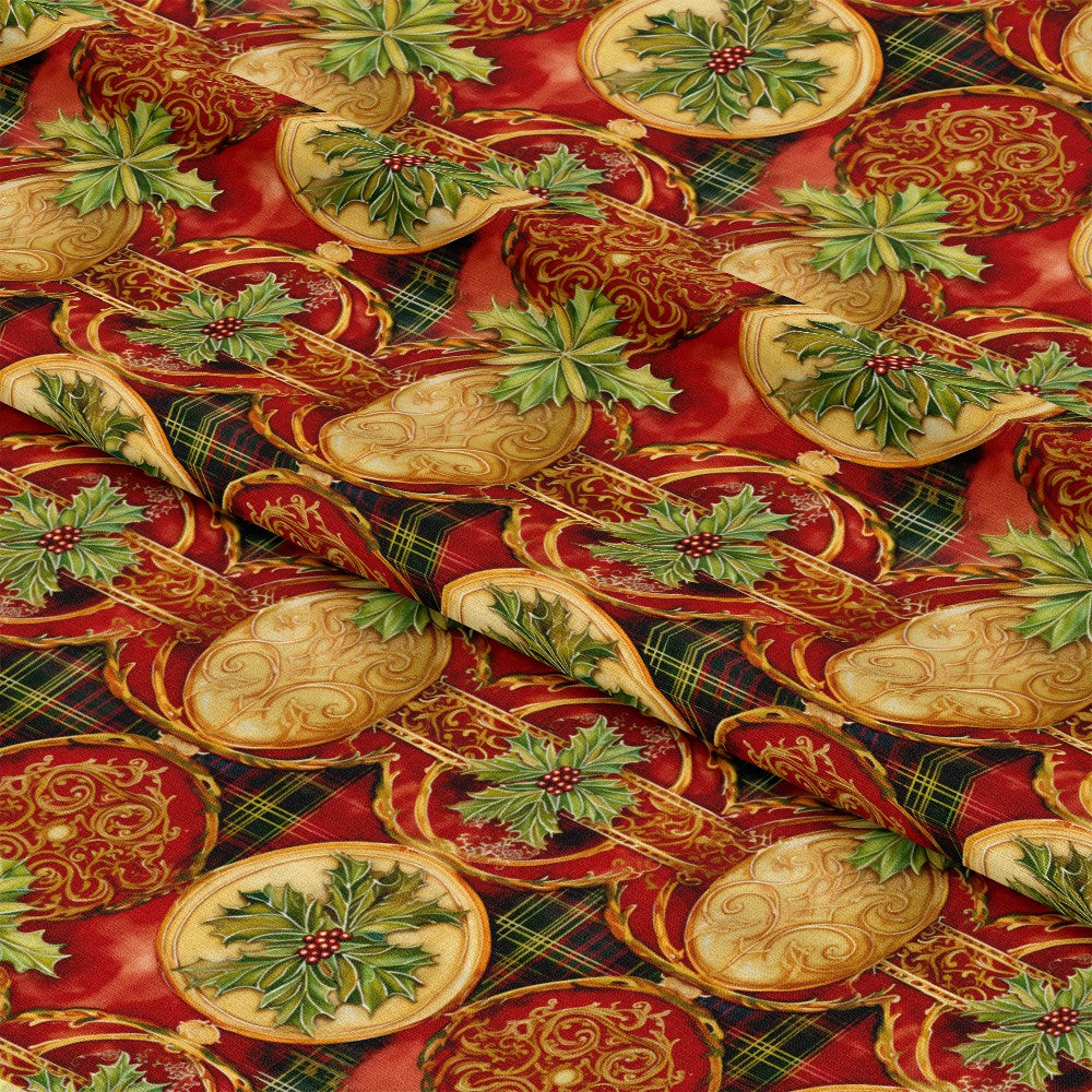 - Red Green Gold Christmas Pattern 1 Quilting Cotton Fabric  
- Christmas fabric  
- Holiday quilting cotton  
- Festive colors red green gold  
- Ornamental designs  
- Holiday motifs holly leaves berries  
- Quilting textile  
- Cotton material  
- Seasonal crafting fabric