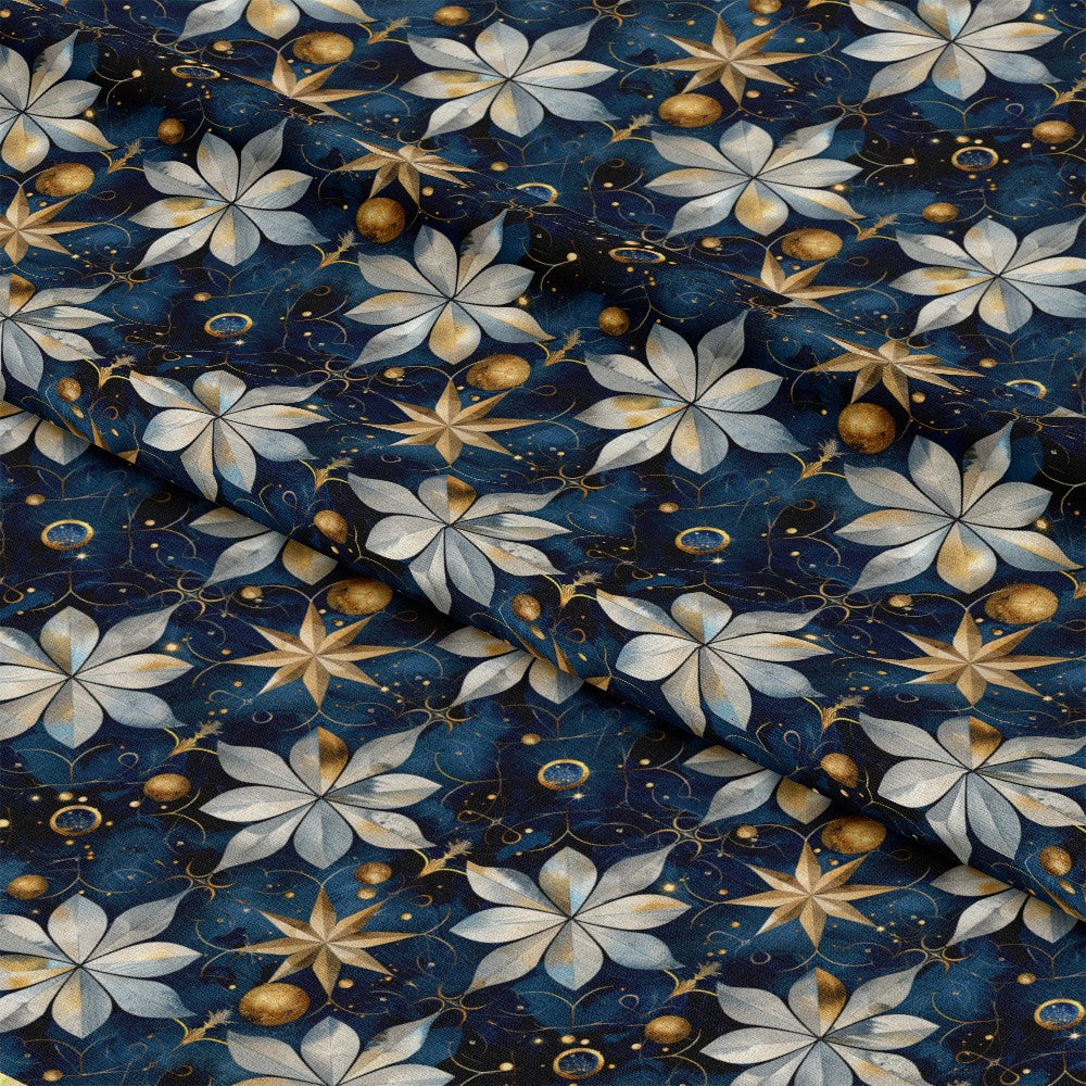 - Baroque Celestial Pattern 5 Quilting Cotton Fabric  
- navy blue background  
- gold accents  
- white floral motifs  
- star shapes  
- celestial design  
- cotton textile  
- quilting material  
- elegant vintage style  
- ornamental fabric  
- decorative cotton cloth  
- sophisticated pattern