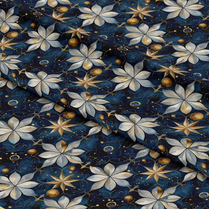- Baroque Celestial Pattern 5 Quilting Cotton Fabric  
- navy blue background  
- gold accents  
- white floral motifs  
- star shapes  
- celestial design  
- cotton textile  
- quilting material  
- elegant vintage style  
- ornamental fabric  
- decorative cotton cloth  
- sophisticated pattern