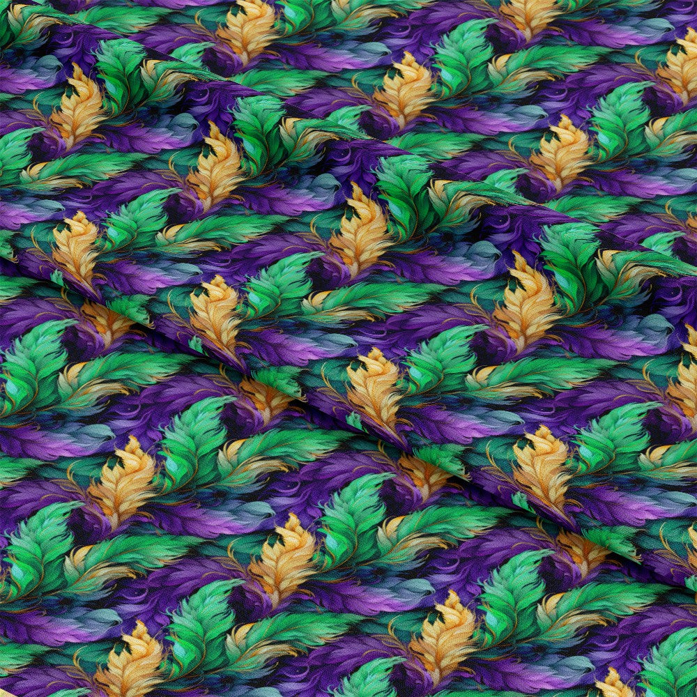 purple, green, gold, feathers, mardi gras, carnival, festive, quilting cotton, fabric panel, ornate feathers, decorative plumes, celebration, new orleans, masquerade, party theme, vibrant colors, flowing design, elegant feathers, festival motif