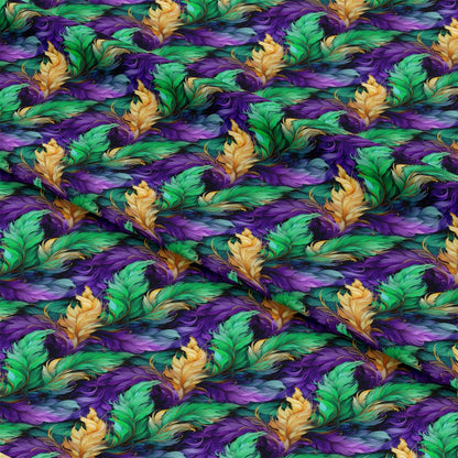 purple, green, gold, feathers, mardi gras, carnival, festive, quilting cotton, fabric panel, ornate feathers, decorative plumes, celebration, new orleans, masquerade, party theme, vibrant colors, flowing design, elegant feathers, festival motif