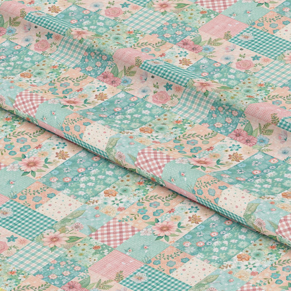 - Spring Patchwork Pattern 3 Quilting Cotton Fabric  
- pastel colors  
- mint green  
- soft pink  
- cream  
- floral motifs  
- gingham squares  
- small blossoms  
- leaves  
- vintage style  
- cotton fabric  
- quilting material  
- patchwork design