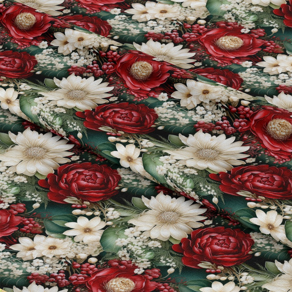 - Christmas Florals Pattern 13 Quilting Cotton Fabric - red roses - white daisies - green leaves - beige accents - berries - quilting cotton - festive fabric - holiday florals - textile yardage - fabric for sewing - floral print - Christmas colors - cotton material