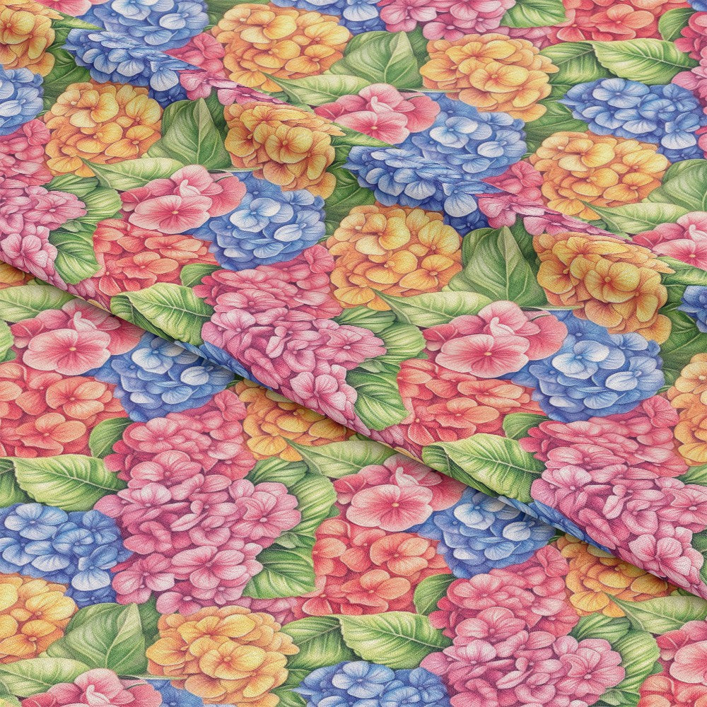 - Colorful Hydrangeas Pattern 6 Quilting Cotton Fabric  
- Multicolor floral design  
- Blue, pink, yellow, orange flowers  
- Green leaves  
- Quilting fabric  
- Soft cotton textile  
- Decorative yardage  
- Vibrant nature-inspired print  
- Botanical motif  
- Fabric for sewing projects
