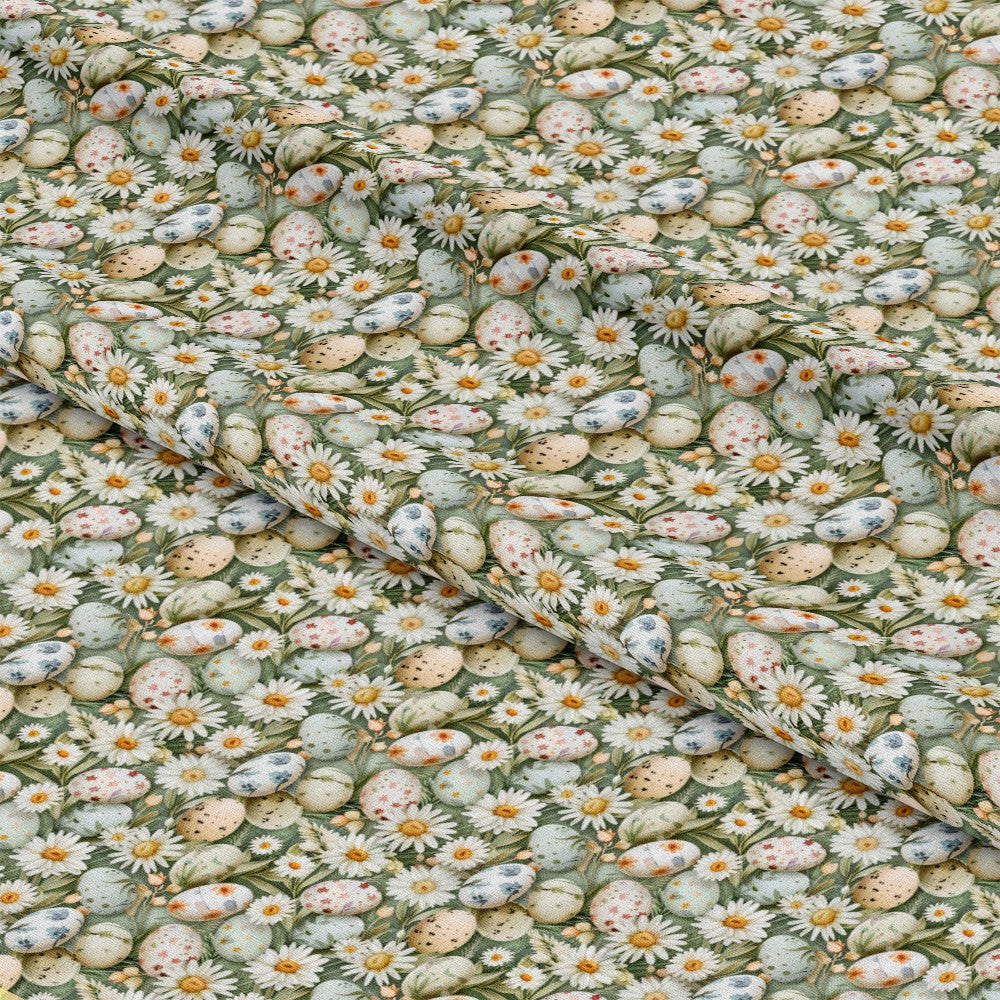 - Easter Bunny Eggs and Ears Pattern 1 Quilting Cotton Fabric
- floral daisies
- pastel eggs
- soft green background
- cotton quilting textile
- spring motif
- decorative fabric
- Easter inspired design
- craft material
- gentle colors