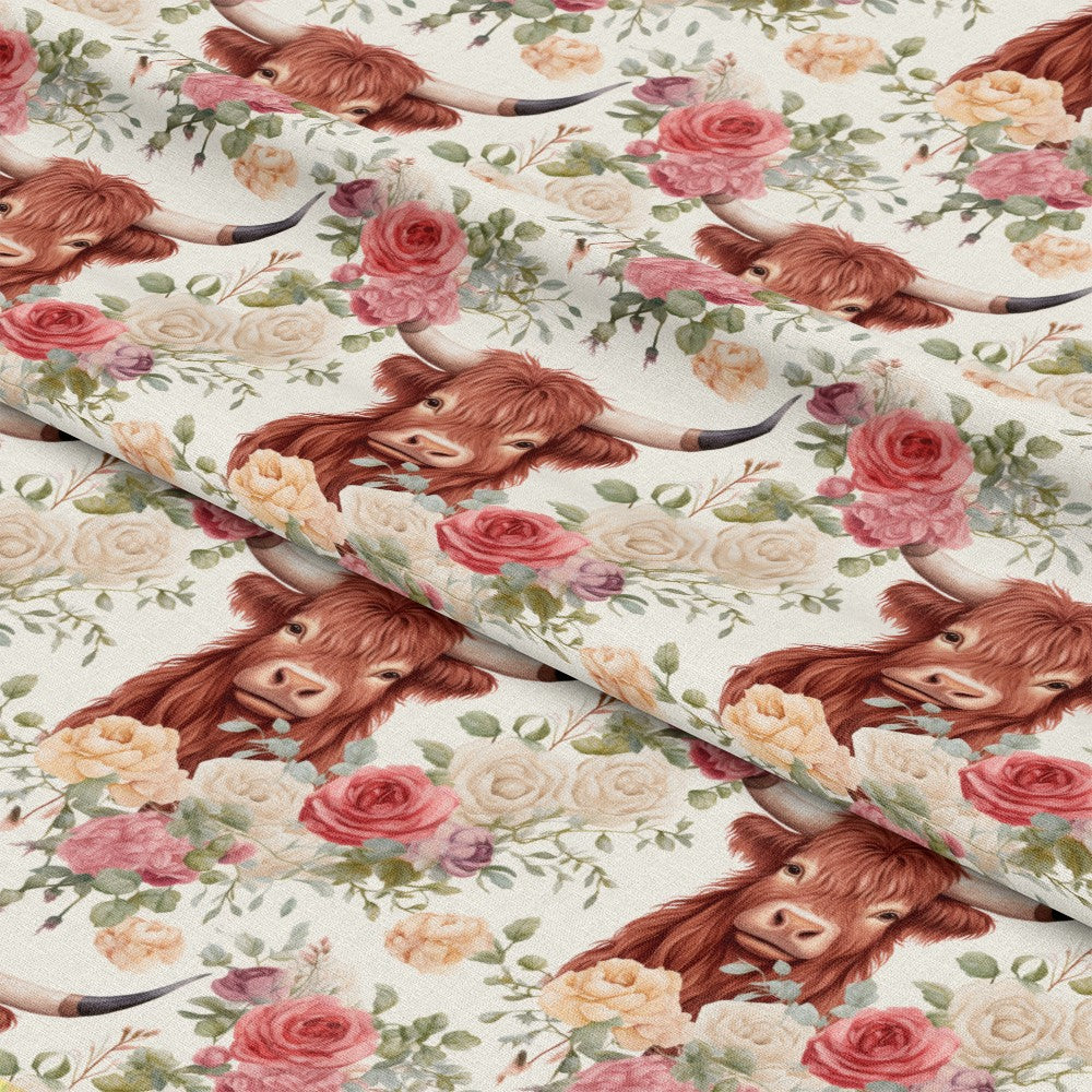 - Vintage Highland Cows Pattern 2 Quilting Cotton Fabric  
- Brown highland cows  
- Floral design  
- Roses pink cream yellow  
- Green leaves  
- Quilting cotton material  
- Rustic animal print  
- Soft textile  
- Country farmhouse style  
- Decorative yardage fabric
